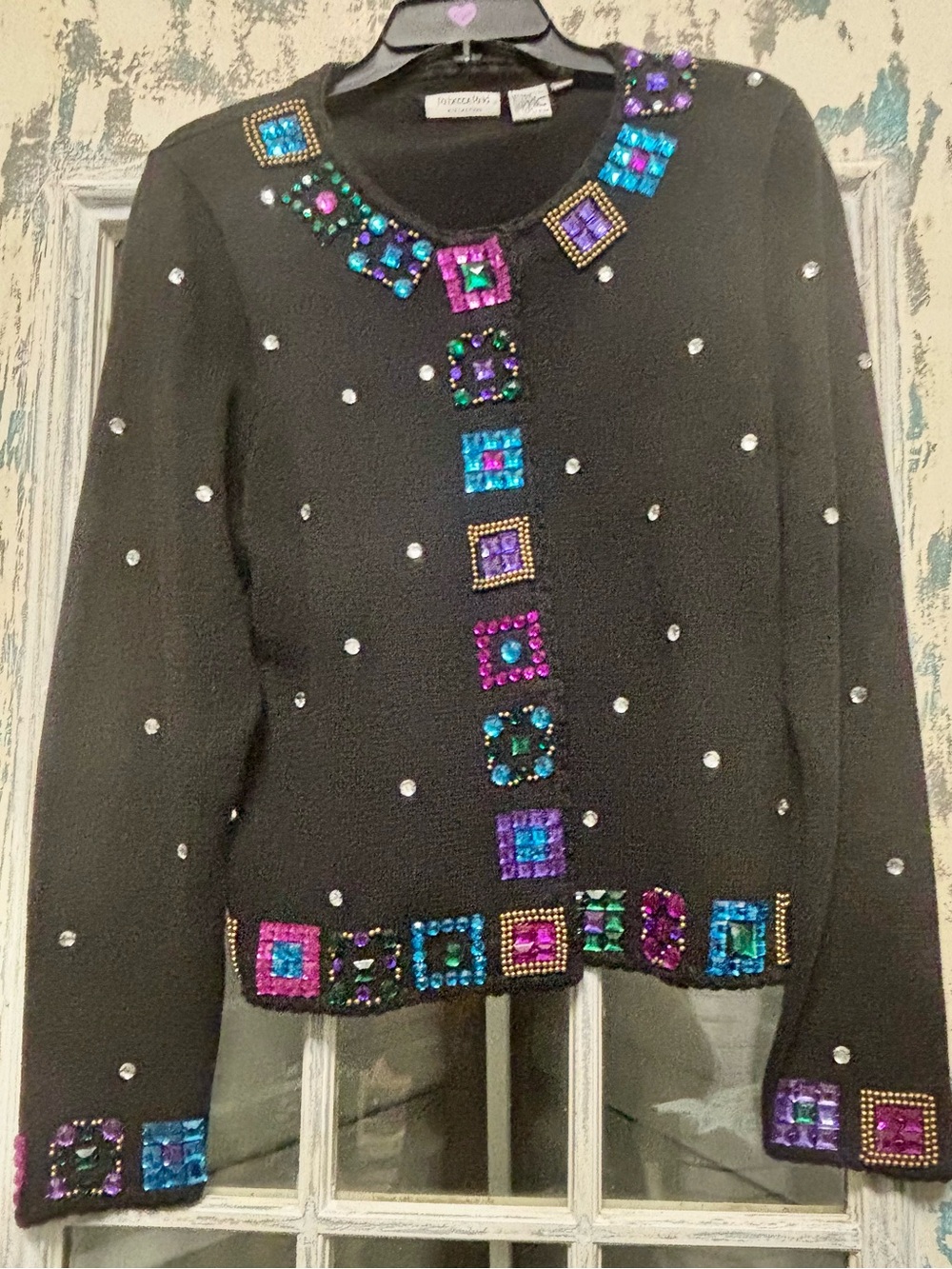 Vintage Embellished Black Women's Sweater with Multicolor Gems